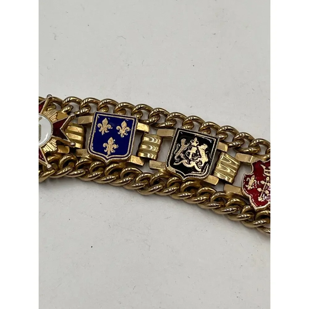 Vintage Gold Tone Red Blue Yellow‎ Enamel Five Family Crest Shield Bracelet